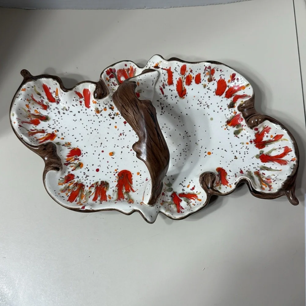Vintage MCM Ceramic Speckled Splatter Drip Glaze Handle Autumn Leaf Dish Signed